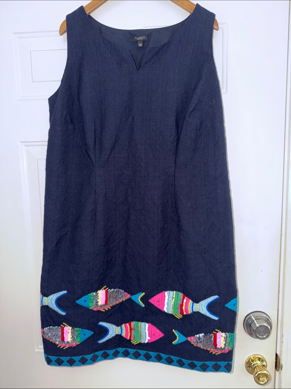 Talbots Navy Sleeveless Dress with Colorful Sequin Fish Trim. Sz 16W/P